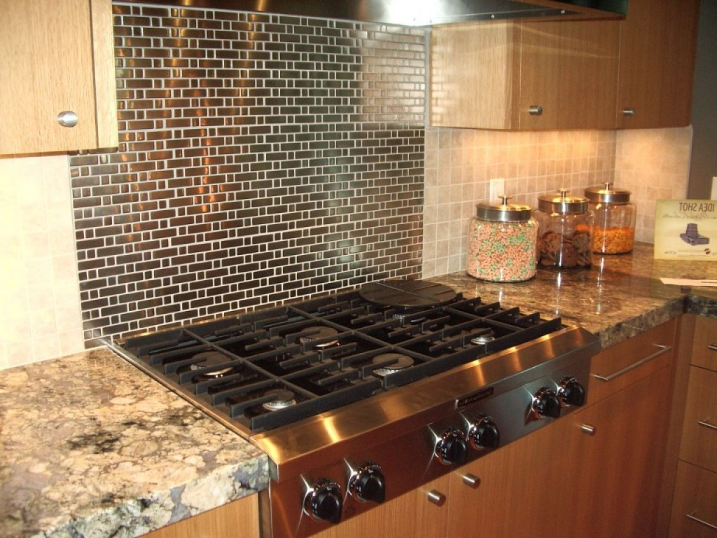 Large Kitchen Appliance Color Trends 2014 with brown wooden material with mosaic tile backsplash and modern stove