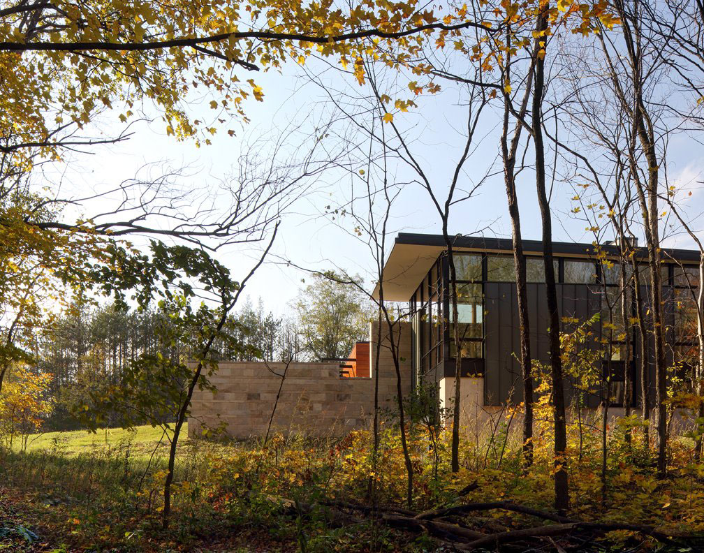 Fieldstone House in forest with big tree and large yard