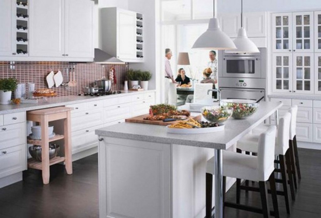 modern Kitchen with white Appliance and island Color with brekafast seating adn brown backsplash